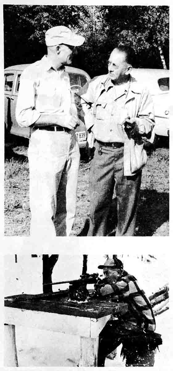 Harvey Donaldson was an active man, shown here talking to Manley Butts, a benchrest shooter in 1949, about accuracy. The bottom photo shows Donaldson at the bench shooting for groups.